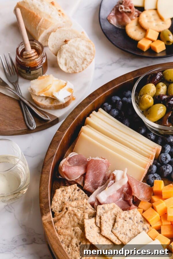 A generously filled charcuterie board, indicating proper portioning.