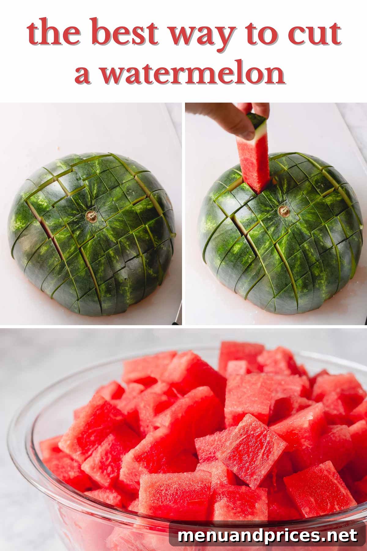 Watermelon Mint Chill 5 Step-by-step images showing how to cut a watermelon into cubes.