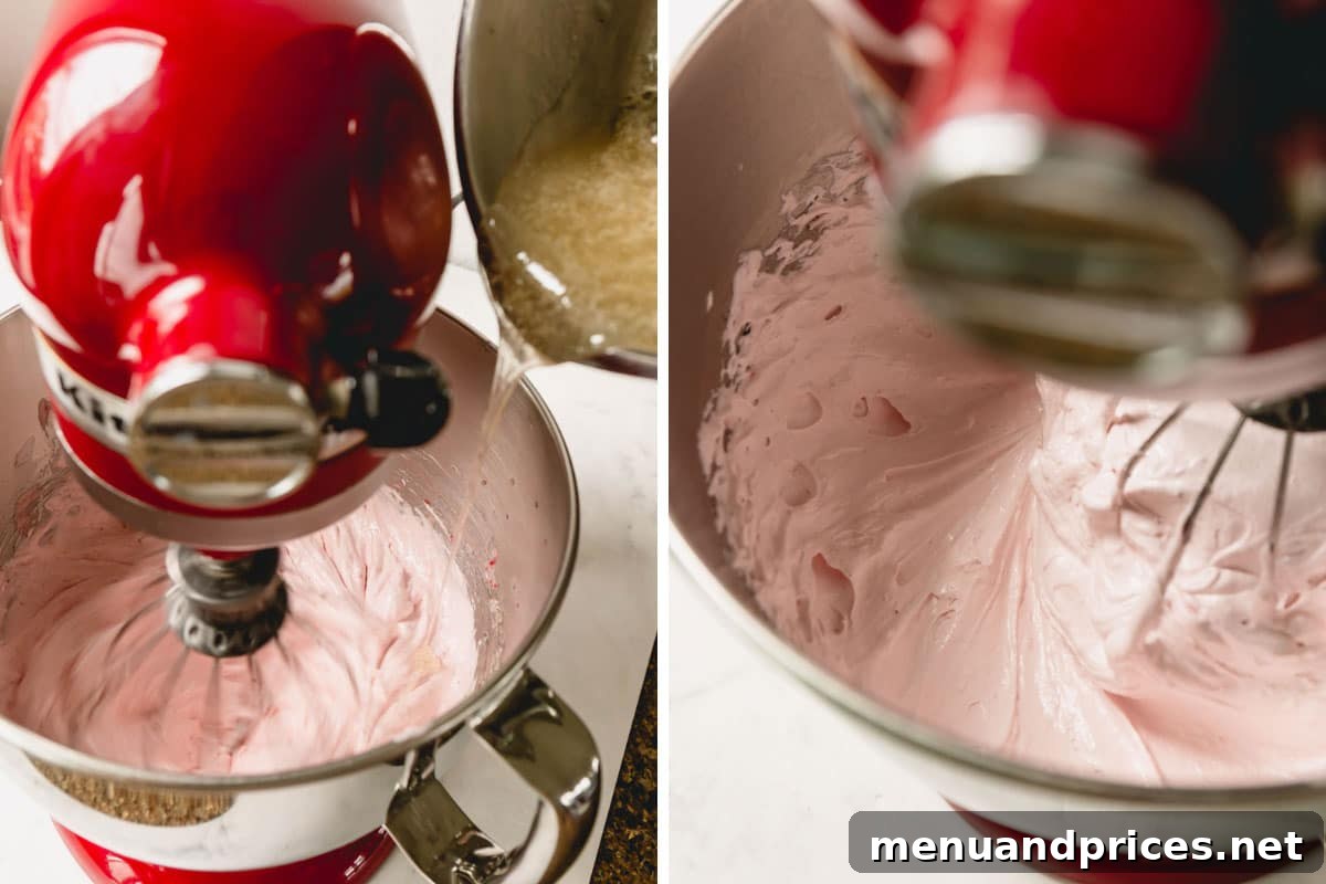 Side-by-side images showing the process of slowly adding hot sugar syrup to the meringue while a stand mixer operates, ensuring proper incorporation.