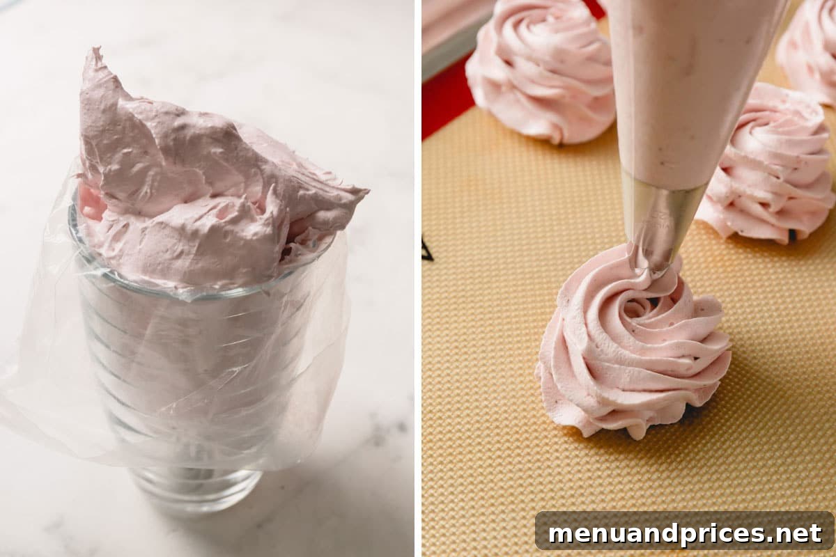 Side-by-side images depicting marshmallow mixture being transferred into a piping bag, followed by the piping of delicate marshmallow rosettes onto a silicone mat.