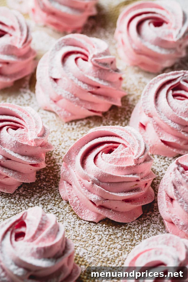 Beautifully piped pink marshmallow rosettes elegantly dusted with powdered sugar, resting on a clean silicone mat.