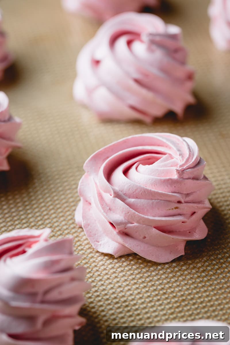 Freshly piped delicate pink marshmallow rosettes arranged neatly on a silicone mat, ready for setting.