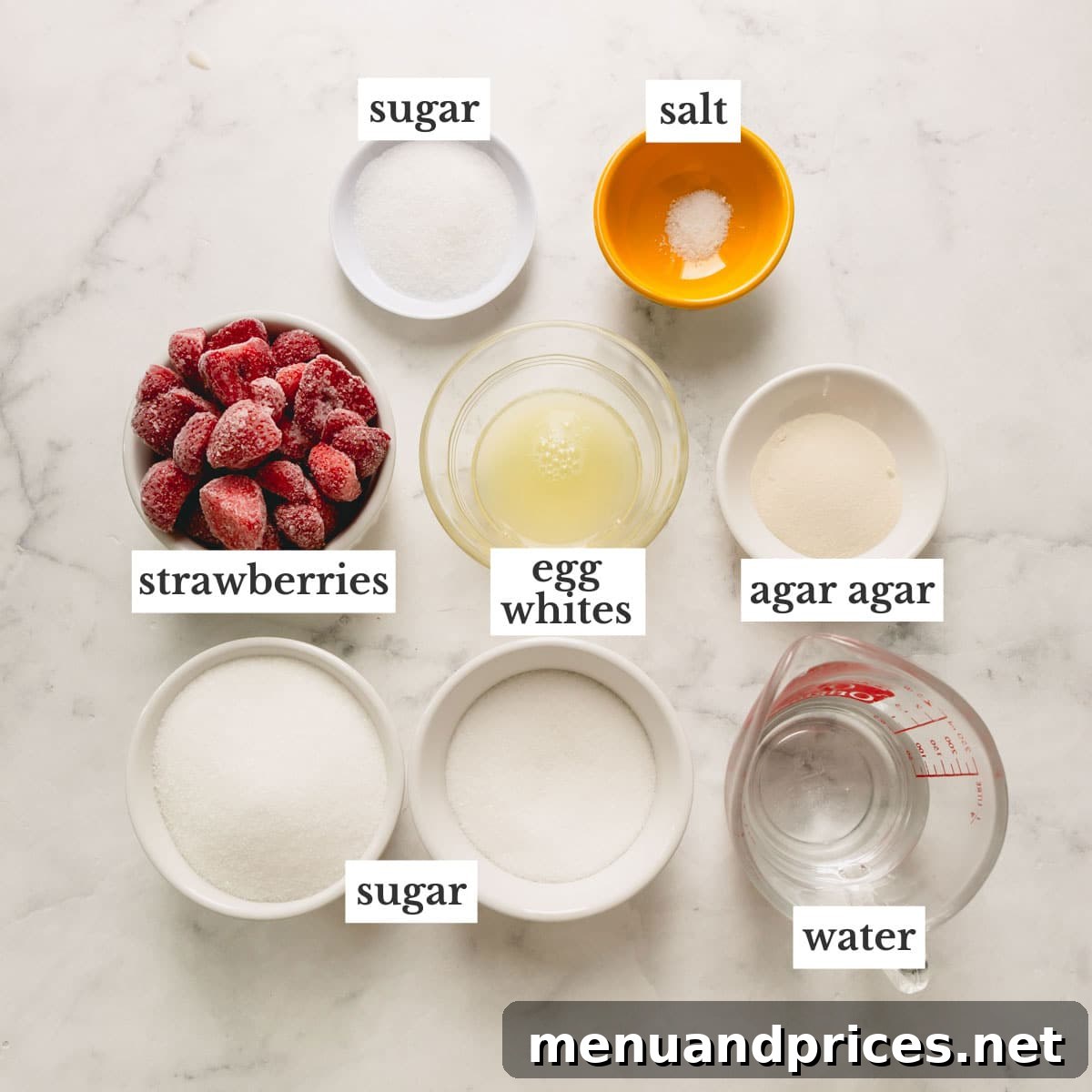 Individual bowls containing marshmallow ingredients: fruit puree, egg whites, sugar, and agar agar, neatly arranged on a white background.