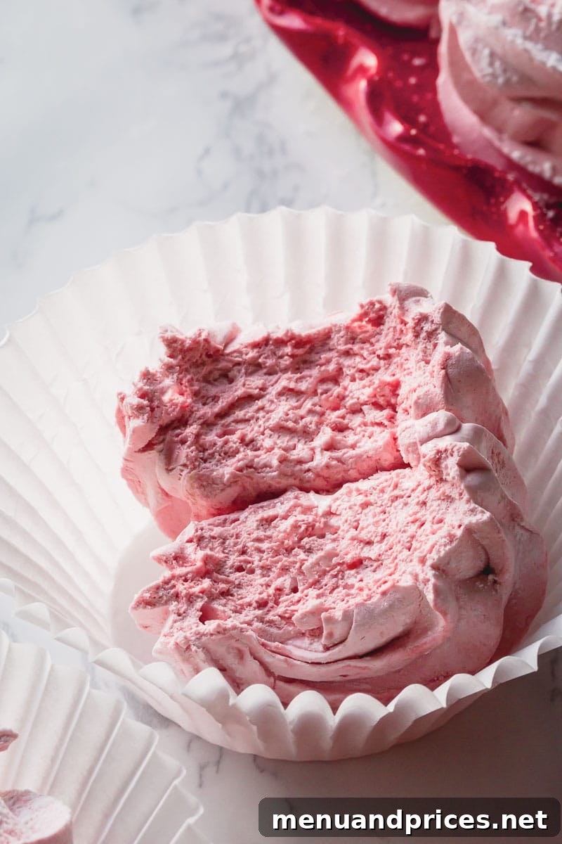 Two soft pink marshmallows stacked on top of each other, with one having a bite taken out to reveal its incredibly fluffy and airy interior.