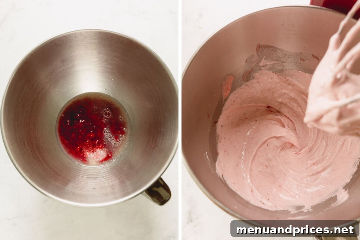 Side-by-side images illustrating the transformation of strawberry meringue, showing its initial frothy state and its whipped soft peaks.