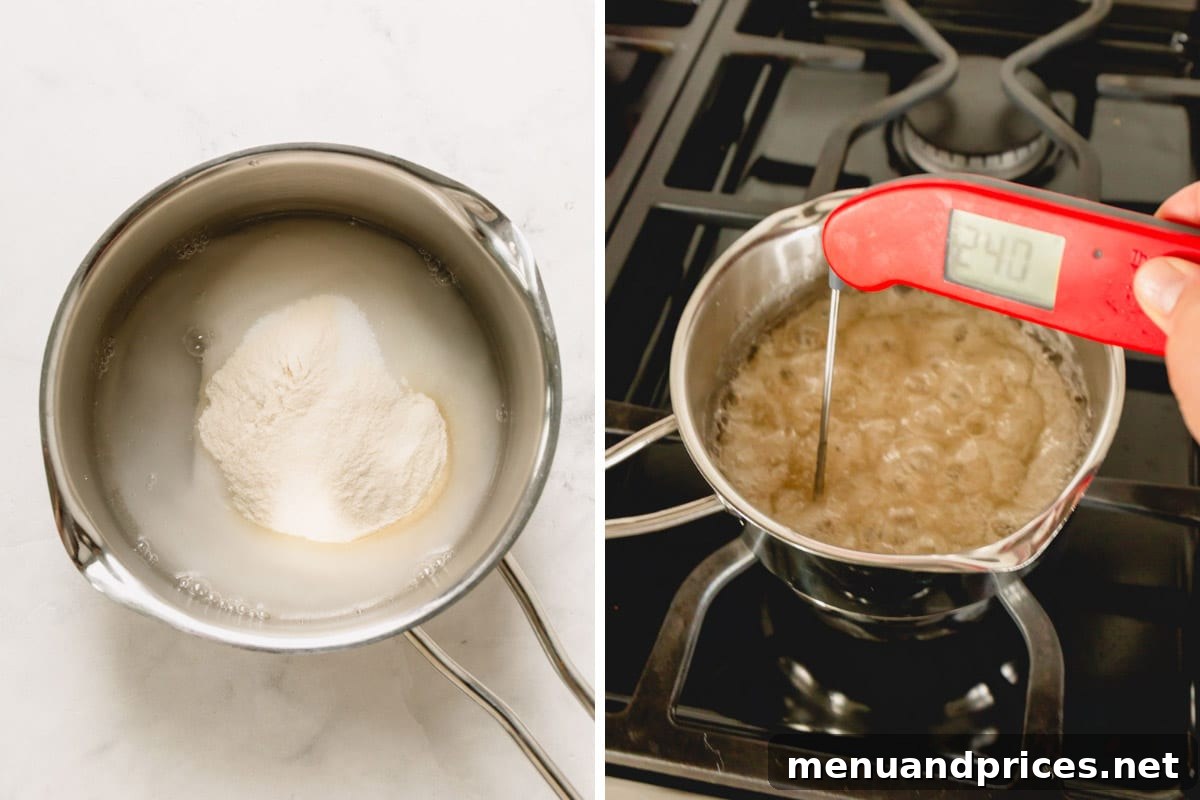 Side-by-side images depicting sugar syrup in a small saucepan, first in its initial liquid state and then after it has been cooked, thickened, and bubbling.