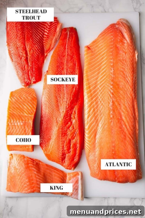 From Pink to King Exploring the Diverse World of Salmon 2 Five varieties of salmon filets: Atlantic, Coho, Sockeye, King, and Steelhead Trout arranged on a cutting board, showcasing their distinct colors and textures.