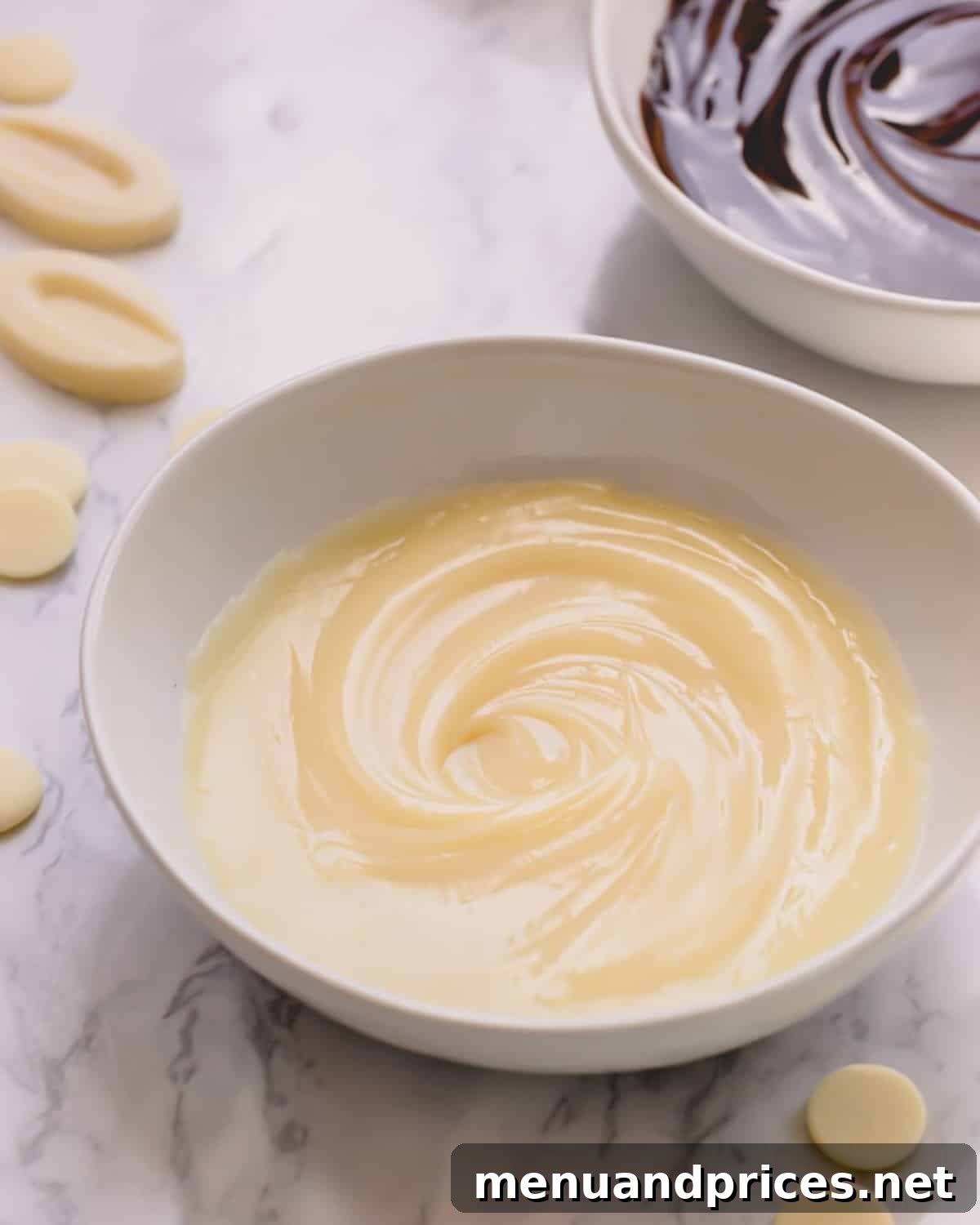Crafting Silky White Chocolate Ganache 3 Glossy white chocolate ganache in a white bowl.