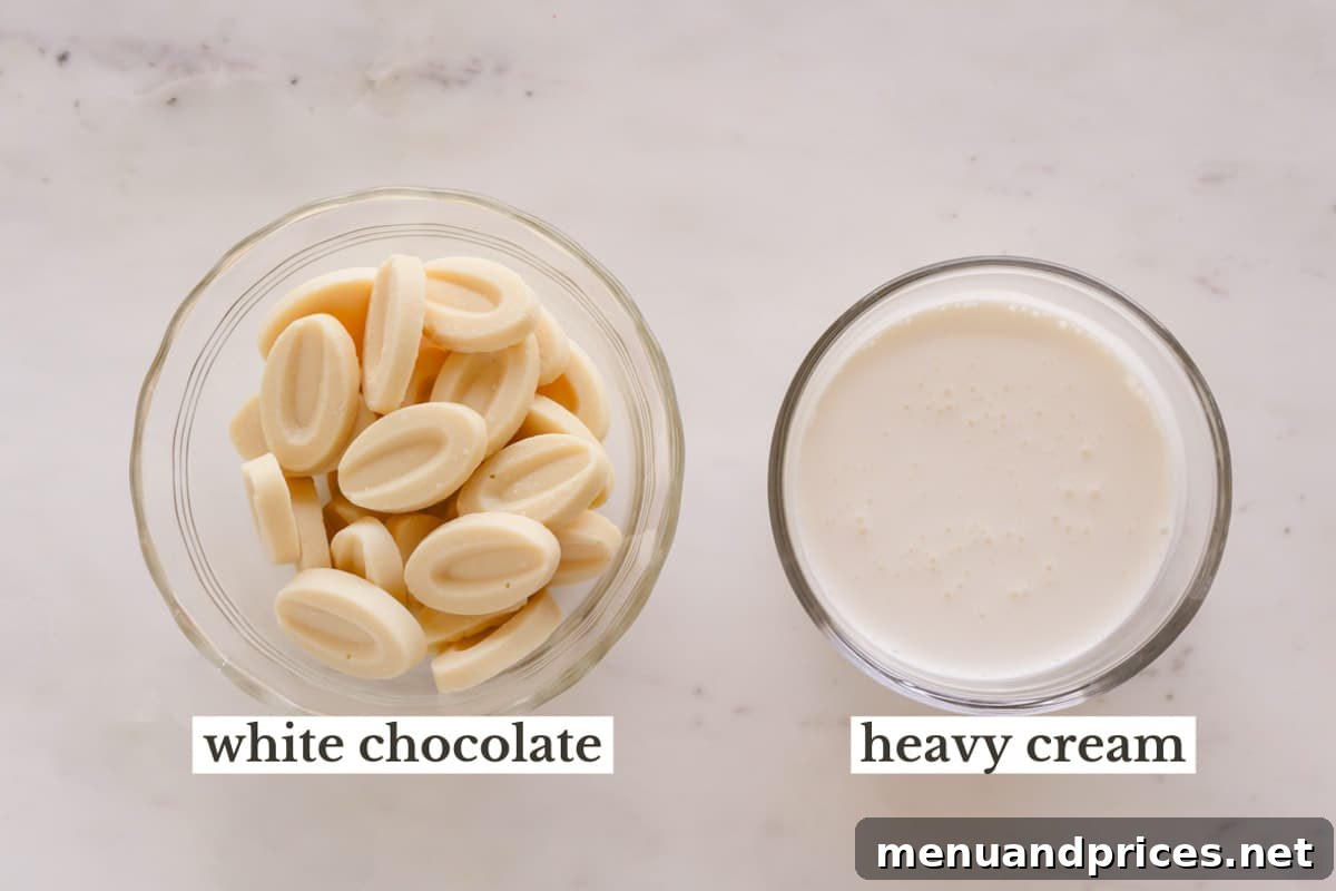 Crafting Silky White Chocolate Ganache 4 White chocolate ganache ingredients in individual bowls.