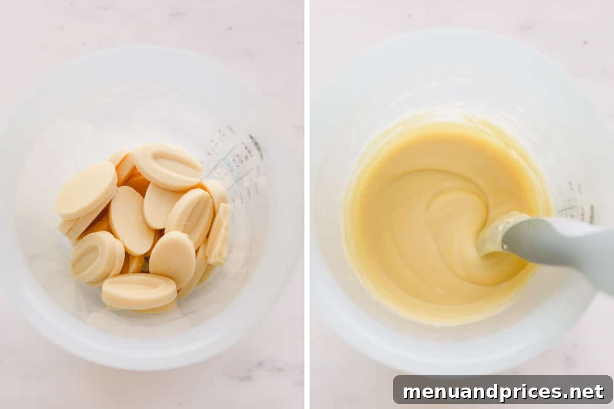 Crafting Silky White Chocolate Ganache 5 Side by side images of white chocolate solid and melted form.