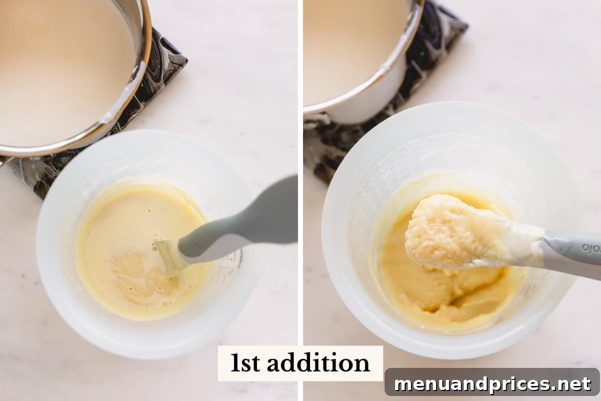 Crafting Silky White Chocolate Ganache 7 Side by side images of adding 1st additon of heavy cream into the melted chocolate. The mixture looks curdled on the right image.
