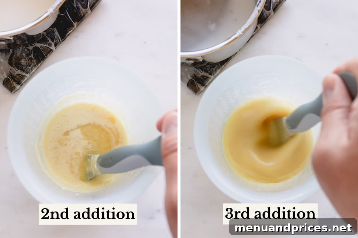 Crafting Silky White Chocolate Ganache 8 Side by side images of adding the remaing cream into the melted white chocolate and stirring the mixture.
