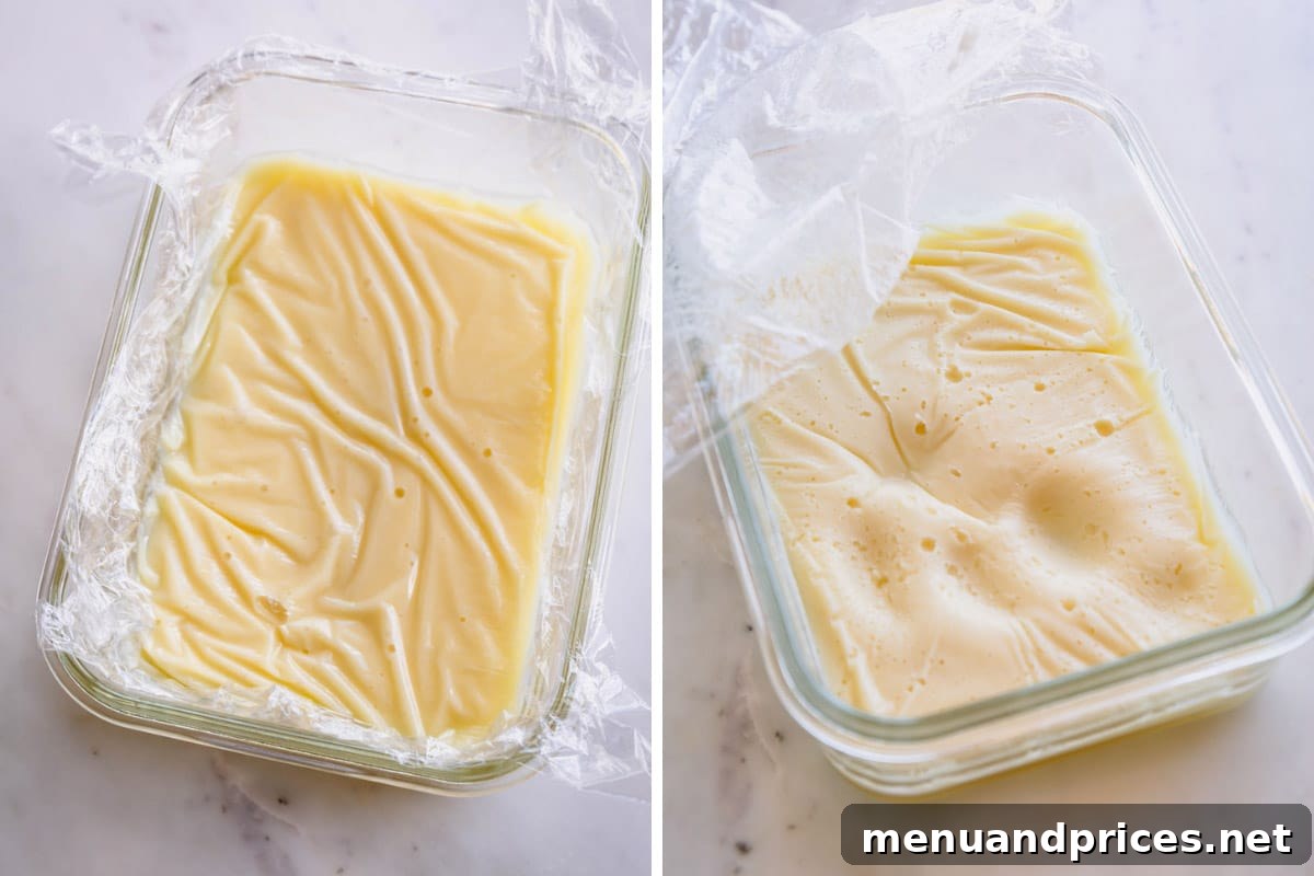 Crafting Silky White Chocolate Ganache 9 Side by side images of white chocolate ganache in glass container and covered with plastic wrap before and after setting.