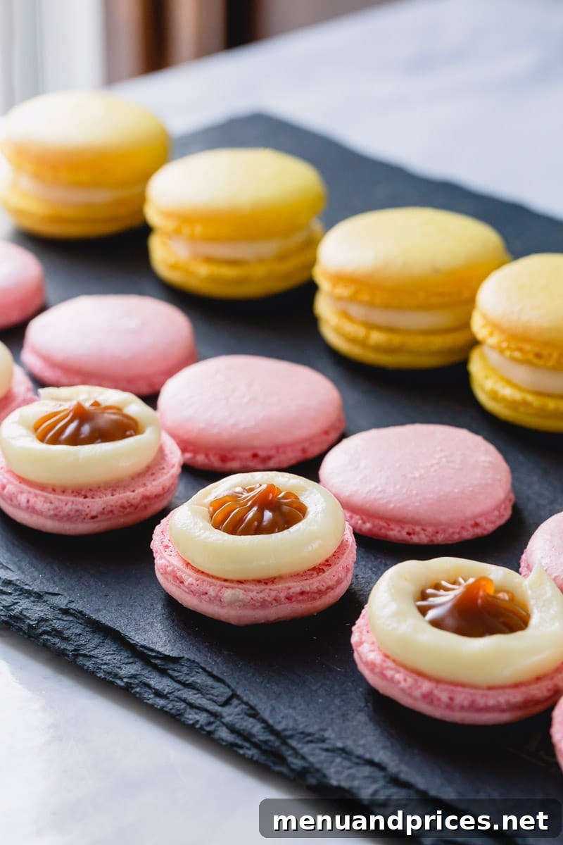 Crafting Silky White Chocolate Ganache 10 Pink and yellow macarons filled with white chocolate ganache ring and caramel sauce in the middle.