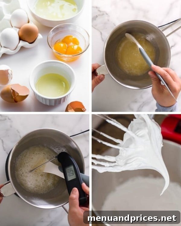 Decadent Salted Caramel Swiss Meringue Buttercream 4 Egg whites and sugar heating over a double boiler for Swiss meringue