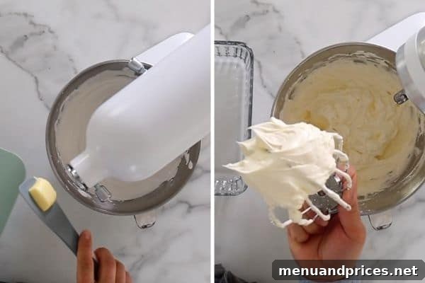 Decadent Salted Caramel Swiss Meringue Buttercream 5 Softened butter being added to Swiss meringue
