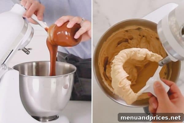 Decadent Salted Caramel Swiss Meringue Buttercream 7 Cold salted caramel sauce being added to Swiss meringue buttercream