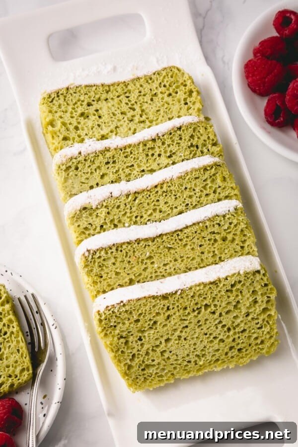 Close-up image revealing the incredibly fluffy and moist texture of the baked matcha sponge cake.