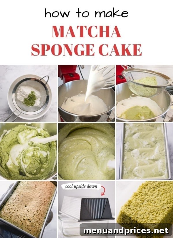 A perfectly sliced matcha sponge cake displaying its even, airy crumb and vibrant green color.
