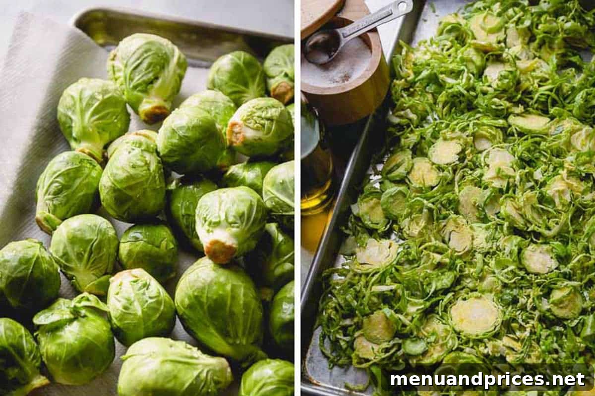 Brussels Sprout Ribbon Salad with Pomegranate 4 Side by side images demonstrating the difference between whole Brussels sprouts and thinly shaved Brussels sprouts on a baking sheet, prepped for roasting.