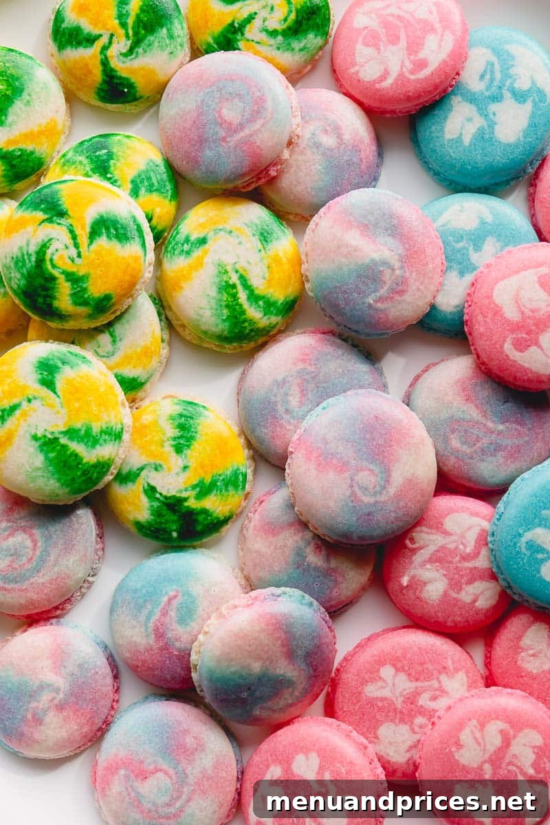 The Art of Marbled Macarons 2 Beautifully marbled macarons in various colors, showcasing different marbling techniques.