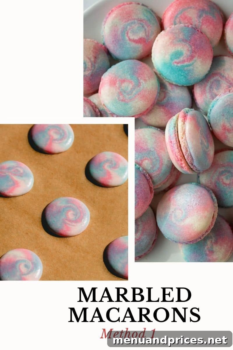 The Art of Marbled Macarons 3 A selection of macaron shells demonstrating the three different marbling techniques: true marble, tie-dye, and swirl design.