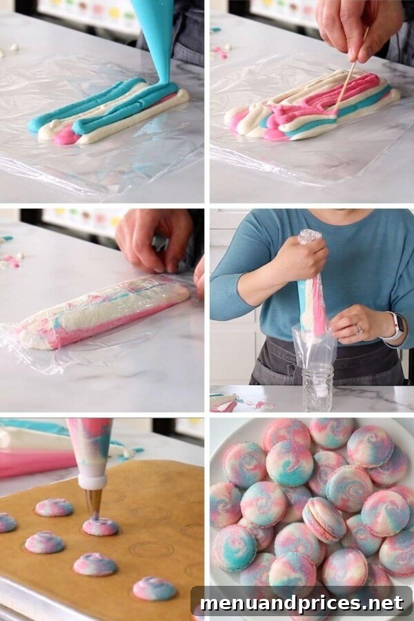 The Art of Marbled Macarons 4 Close-up of the True Marble macaron technique using a plastic wrap tube filled with multiple colors of macaron batter.