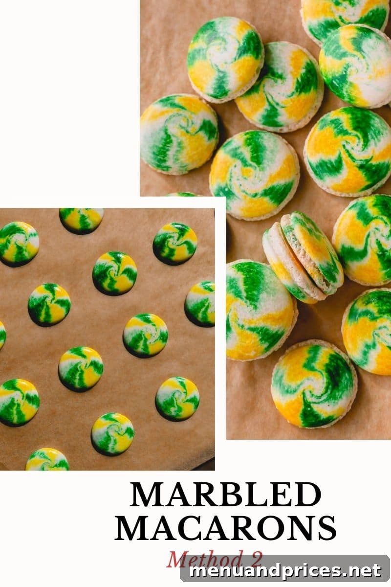 The Art of Marbled Macarons 5 Marbled macaron shells created using the Tie-Dye method, showing streaks of vibrant color against a base color.