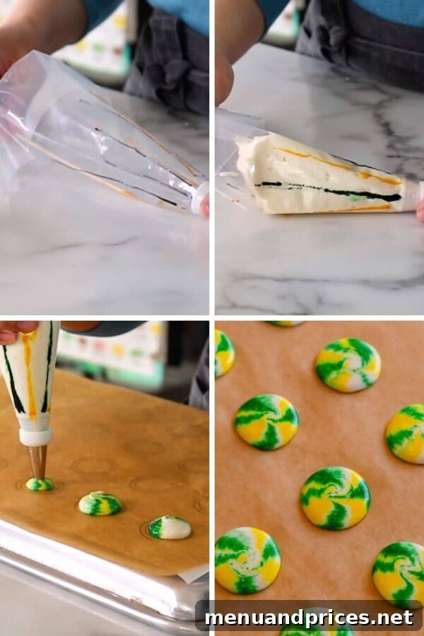 The Art of Marbled Macarons 6 Demonstration of the Tie-Dye macaron technique, showing how to draw lines of gel food coloring inside a piping bag.