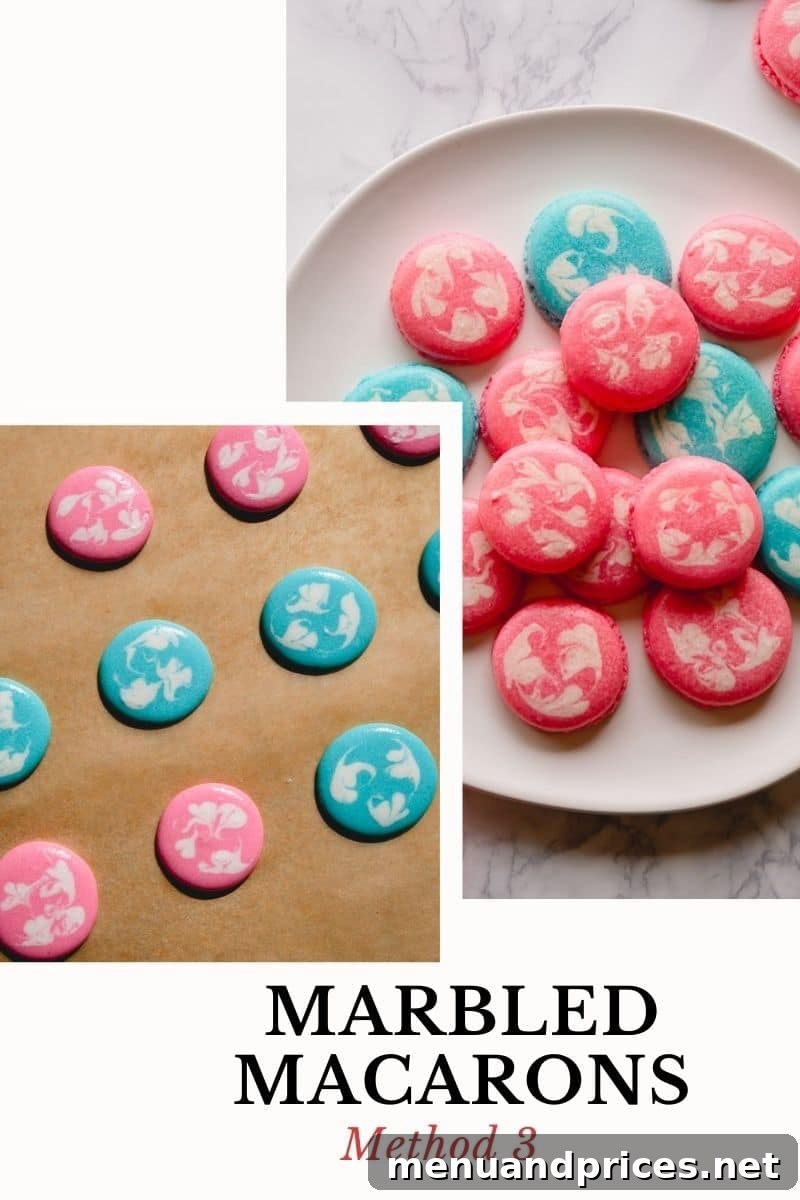 The Art of Marbled Macarons 7 Macaron shells showcasing the elegant Swirl Design method, with contrasting colors swirled together.