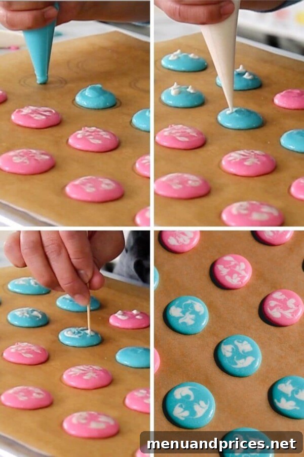 The Art of Marbled Macarons 8 Close-up of the Swirl Design macaron technique, showing a toothpick being used to swirl colored batter dots on a piped macaron shell.