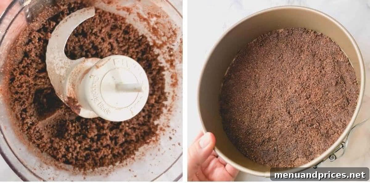Dreamy No Bake Neapolitan Cheesecake 4 Side by side images of crushed chocolate graham crackers in a food processor and the prepared crust pressed into the bottom of a 7-inch springform pan, chilling in the refrigerator.