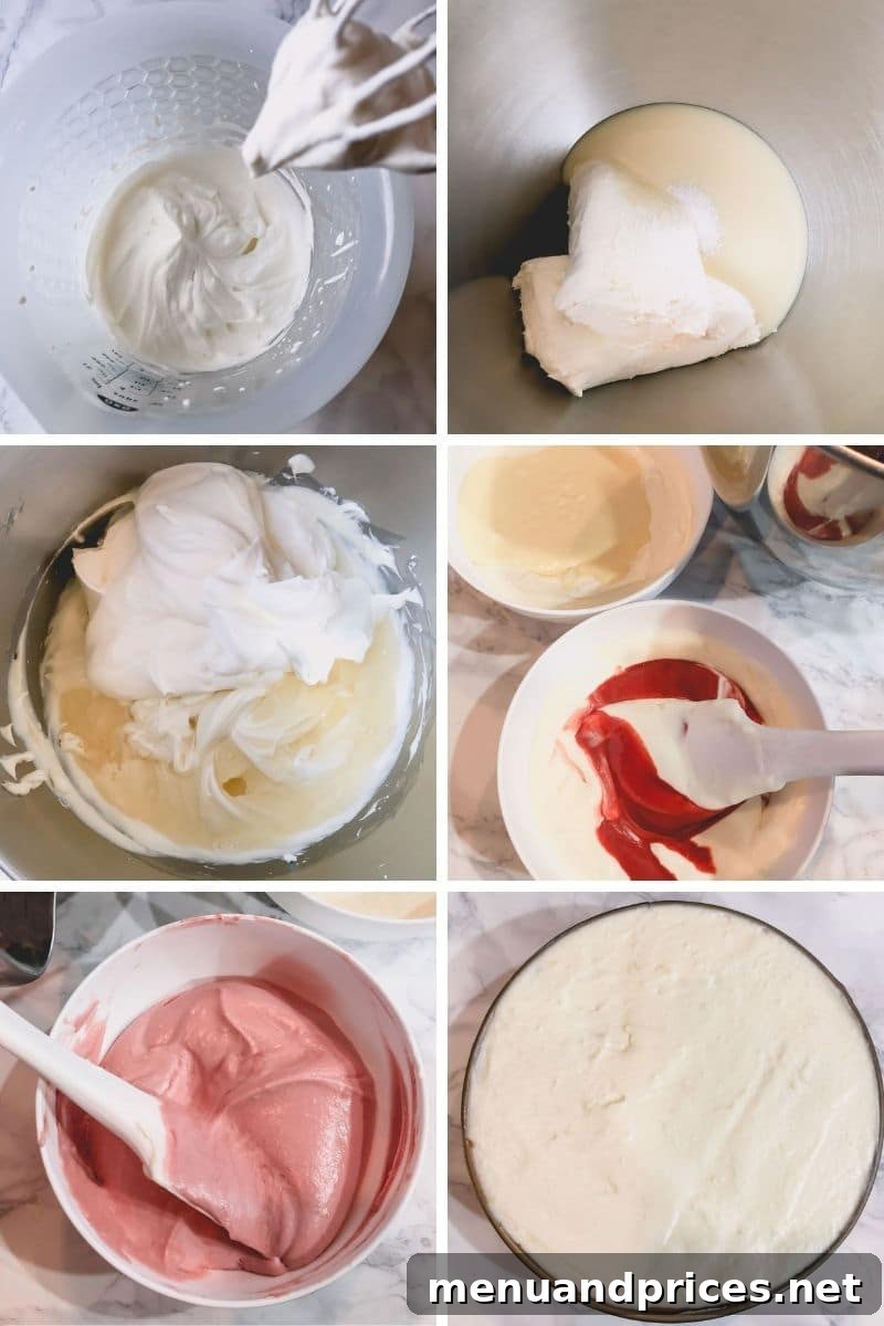 Dreamy No Bake Neapolitan Cheesecake 7 Three separate bowls of cheesecake batter, each mixed with a different chocolate flavor: dark, strawberry, and white, showing their distinct colors and smooth consistency.