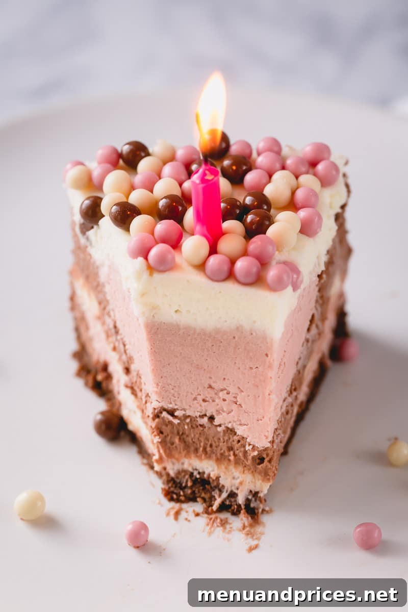 Dreamy No Bake Neapolitan Cheesecake 9 A beautifully decorated no-bake Neapolitan cheesecake with crispearls and chocolate shavings on top, ready to be served.