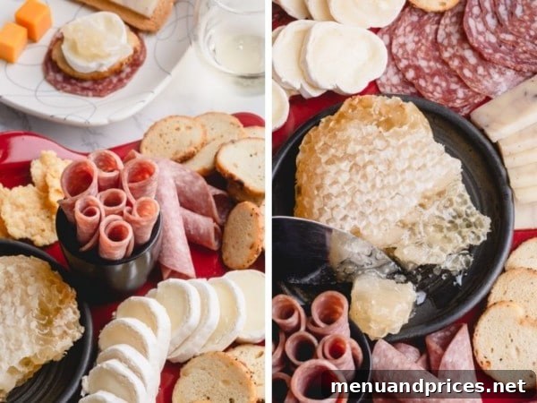 The Art of the Charcuterie Board 3 Close-up of a charcuterie board showcasing a selection of beautifully arranged cured meats like salami and prosciutto, paired with fresh garnishes.