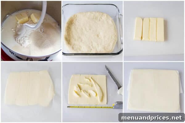 Flaky Homemade Croissants 6 Step-by-step photograph illustrating the preparation of the croissant dough and the meticulous shaping of the butter block on Day 1, essential for successful lamination.