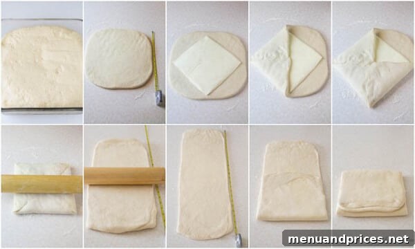 Flaky Homemade Croissants 7 A visual guide demonstrating the lamination process on Day 2, showing the dough being carefully rolled and folded with butter to create multiple layers.