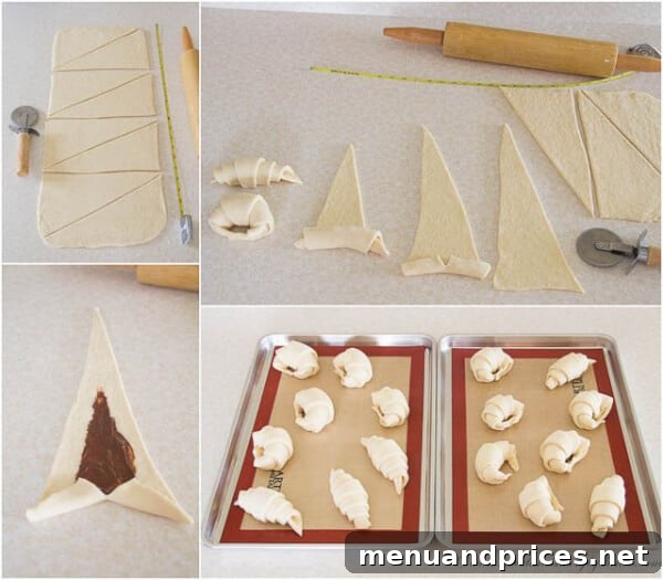 Flaky Homemade Croissants 9 A step-by-step photo demonstrating the cutting of dough into triangles and the technique for rolling them into the traditional crescent shape of a croissant.