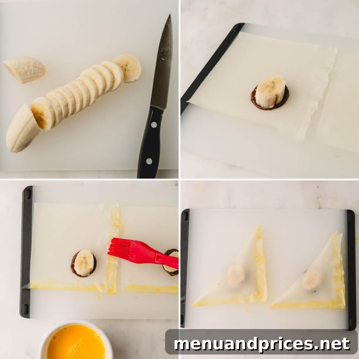 A step-by-step visual guide showing how to place Nutella and banana on wrappers, brush with egg wash, and fold into triangles.