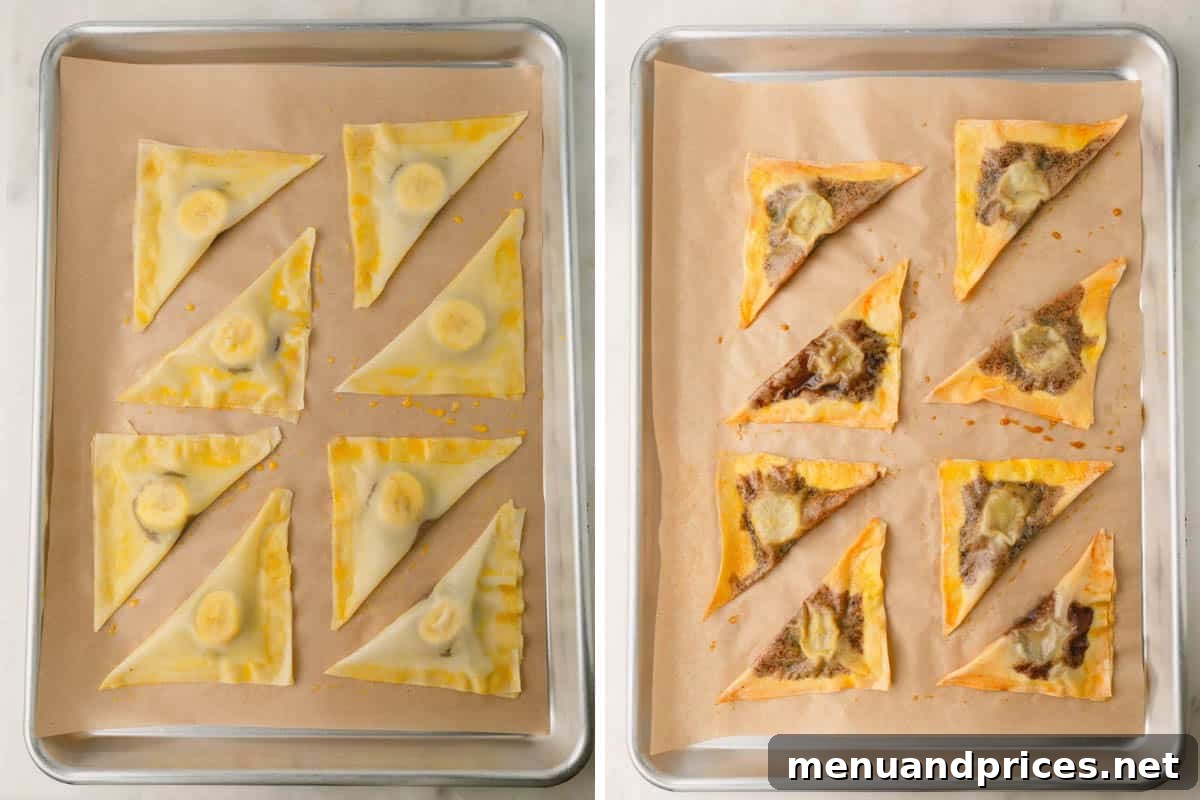 A comparison of unbaked banana Nutella wontons on one baking sheet and perfectly baked, golden-brown ones on another.