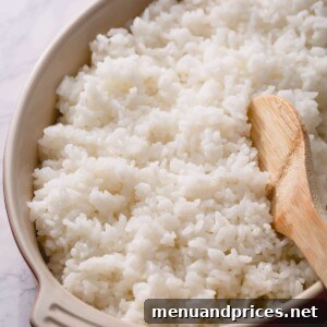 Sushi rice in a dish with a wooden spoon, ready to be served or used in sushi