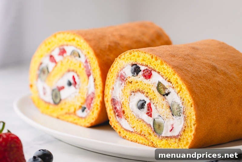 How to make a roll cake, a simpler way. No need to roll the cake while hot, this spring-y sponge cake is super pliable and rolls beautifully without cracks! #rollcake #swissroll