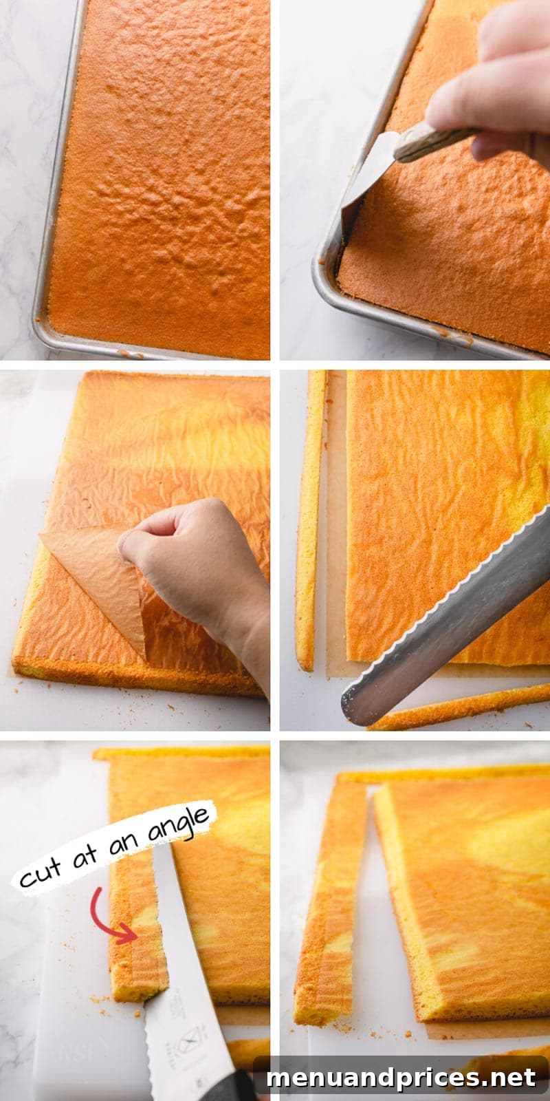 How to cut a sponge cake to make a perfect roll cake. This quick tip helps the cake stand stable. #rollcake #spongecake