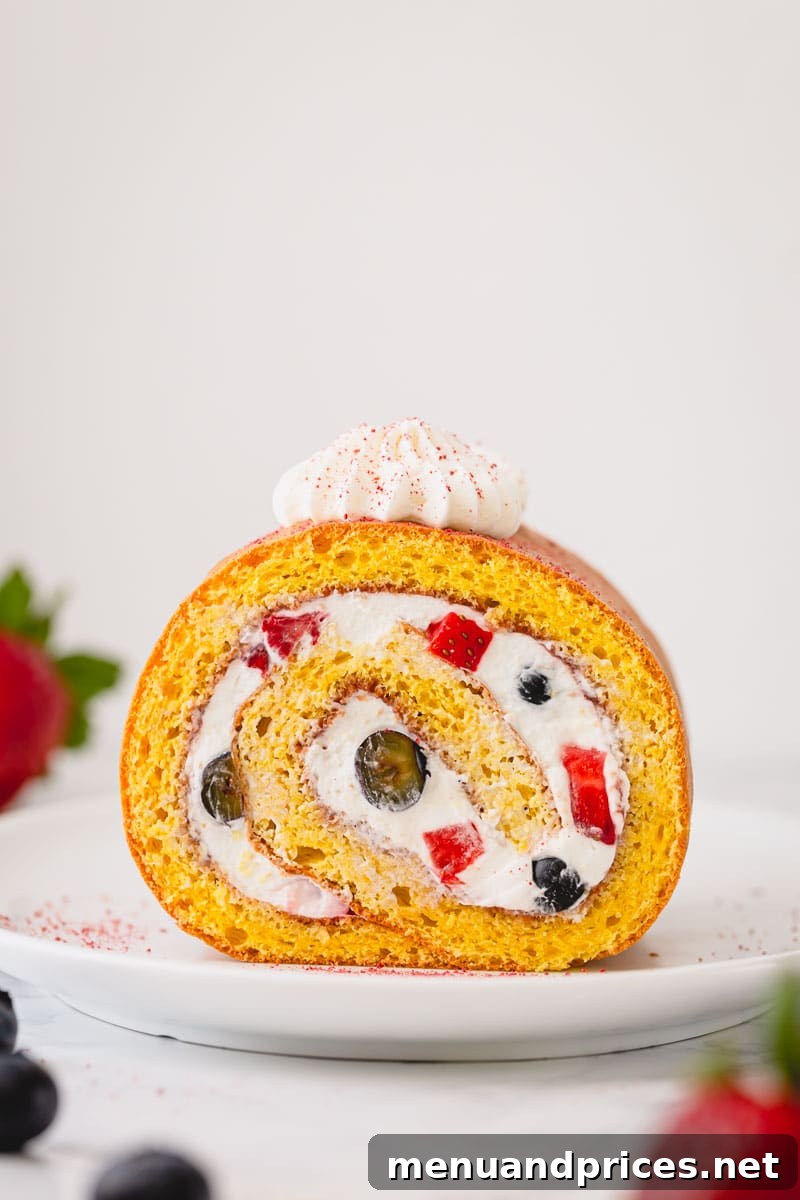 How to make a roll cake, a simpler way. No need to roll the cake while hot, this spring-y sponge cake is super pliable and rolls beautifully without cracks! #rollcake #swissroll