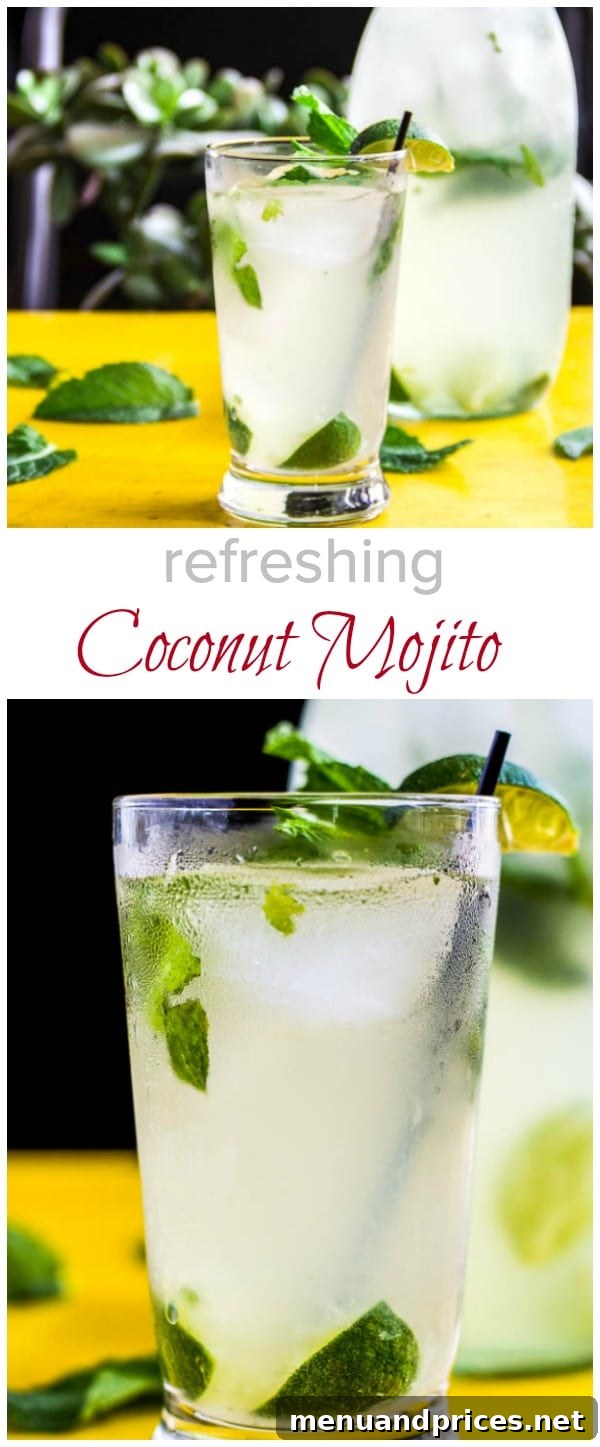 Tropical Bliss Coconut Mojito 2 A tall glass of refreshing Coconut Mojito, garnished with fresh mint leaves and lime slices, perfect for summer sipping.