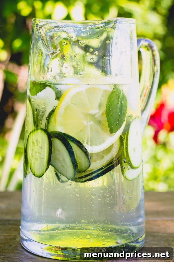 Three Zesty Infused Waters for Ultimate Refreshment 3 Close-up of Refreshing Cucumber Lemon Mint Water with sliced cucumber, lemon wedges, and fresh mint leaves floating in a glass.
