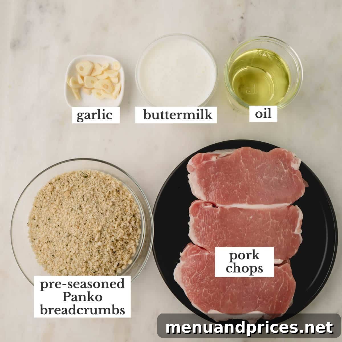 Crispy Golden Pork Strips 4 All the key ingredients laid out: pork chops, buttermilk, Italian-style Panko, and cooking oil.