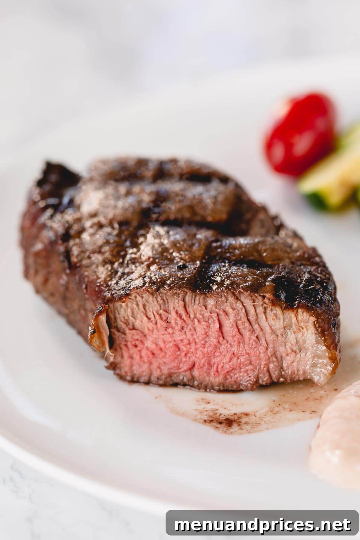 Effortless Grilled Filet Mignon 2 Grilled filet mignon on a white plate with a slice cut.