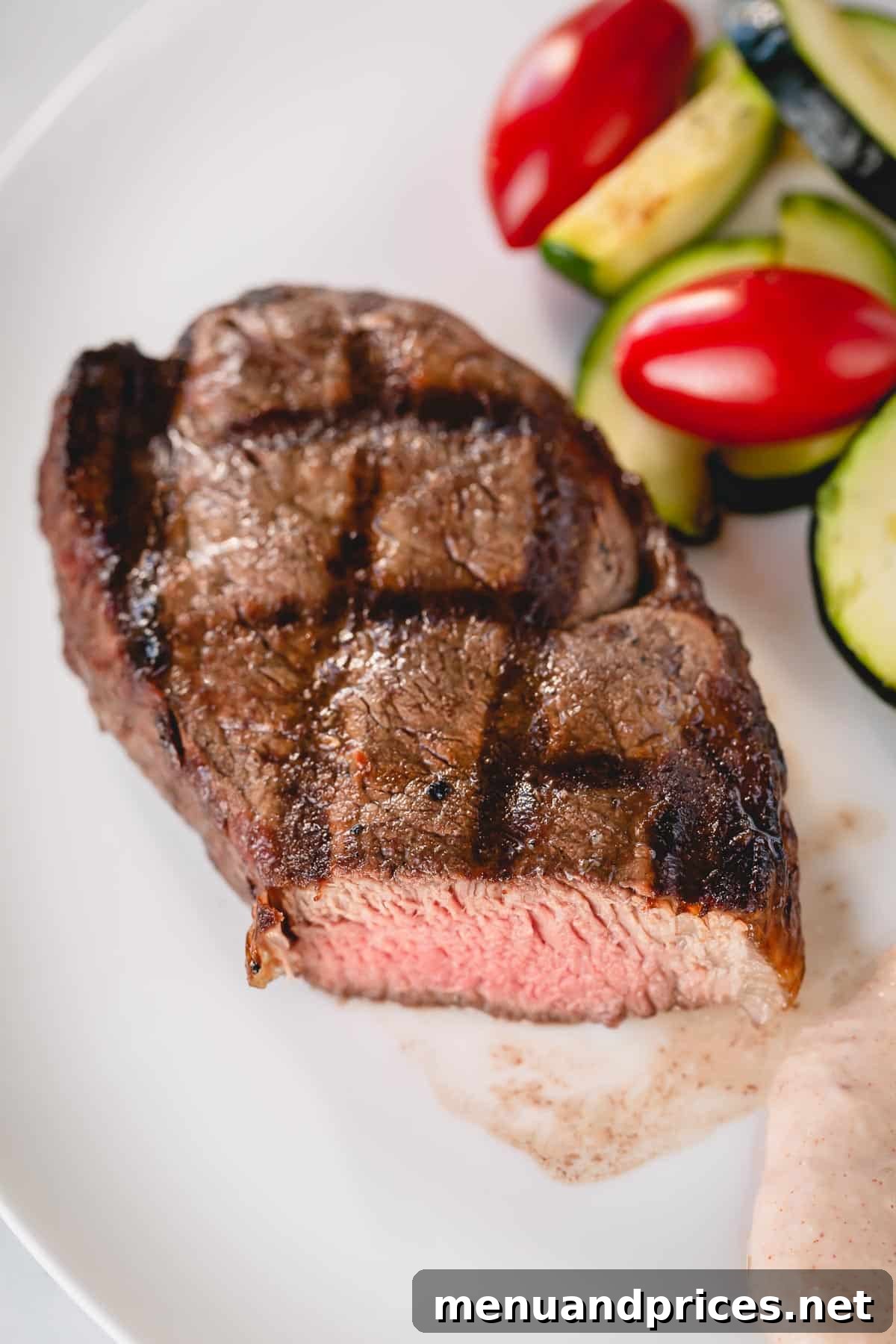 Effortless Grilled Filet Mignon 4 A whole grilled filet mignon on a white plate with zucchini and cherry tomatoes on the side.