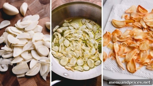 A visual progression of making garlic chips, showing raw sliced garlic, garlic gently frying in oil, and the final golden, crispy chips draining on paper towel.